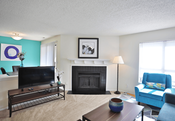 a living room with a television and a fireplace